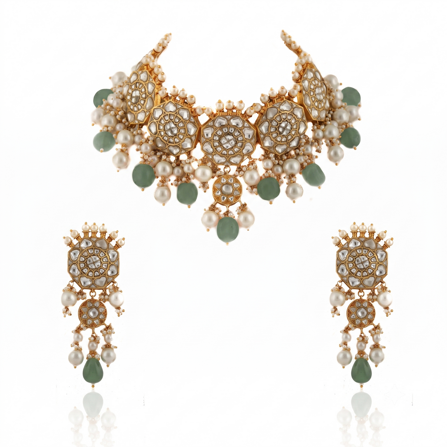 White Jadtar Stone Necklace Set Light Pink Beads With Peral