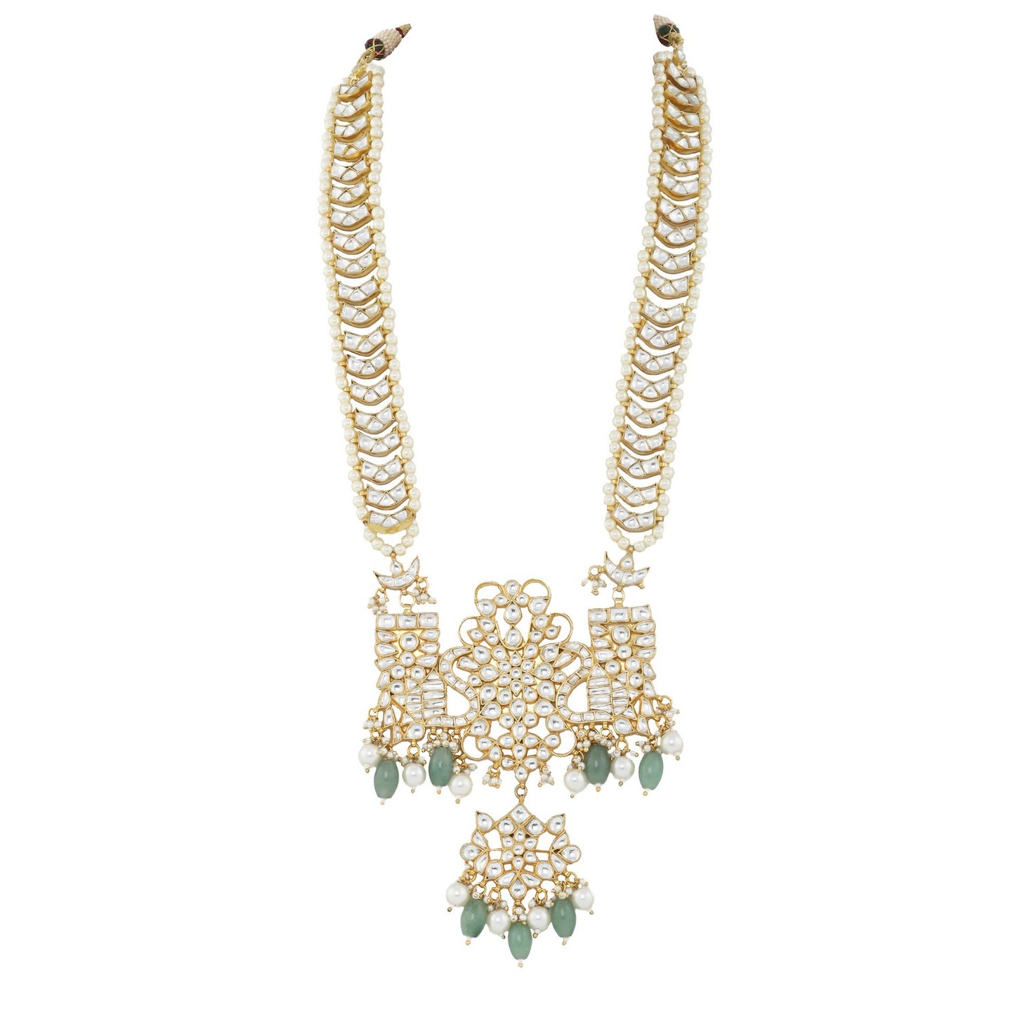 WHITE JADTAR STONE PEACOCK LONG PENDANT SET WITH SEA GREEN BEADS 