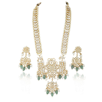 WHITE JADTAR STONE PEACOCK LONG PENDANT SET WITH SEA GREEN BEADS 