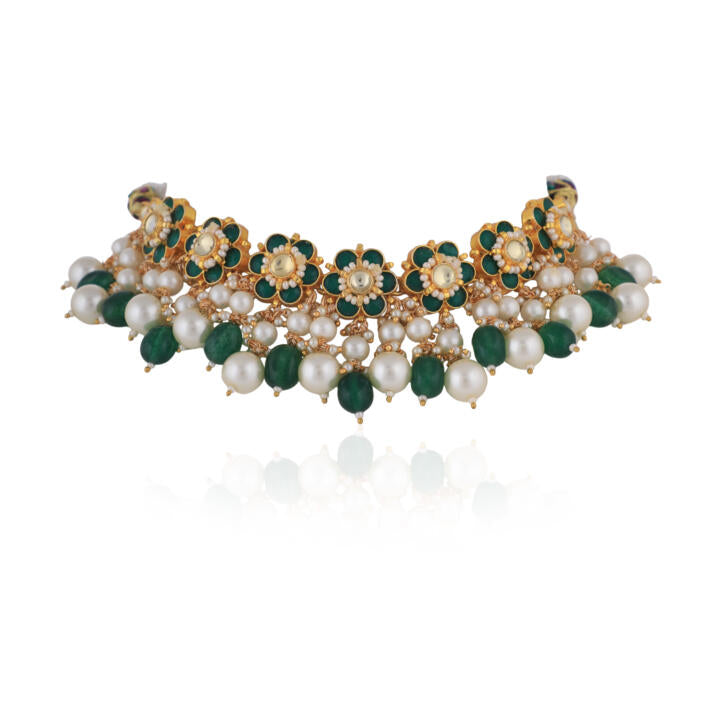 Gold Finish Green Emerald Beads With White Pearl Choker With Floral Design Jhumka