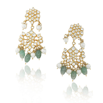 WHITE JADTAR STONE PEACOCK LONG PENDANT SET WITH SEA GREEN BEADS 