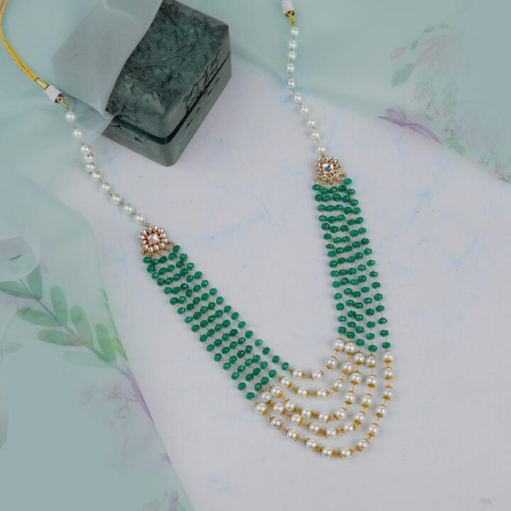 22kt gold plated golden white sea green pearl maala