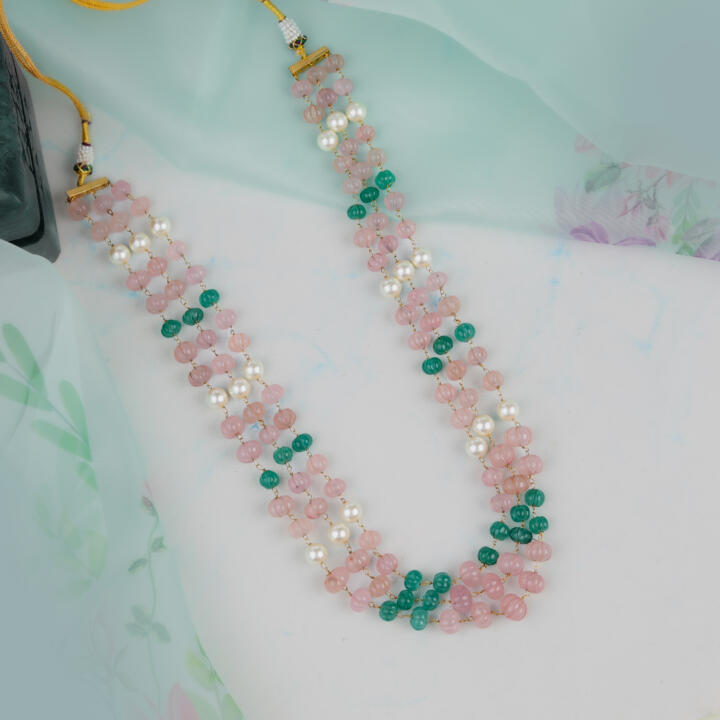 Beautiful Vintage Rose quartz & Jade Beaded Necklace Maala for Women