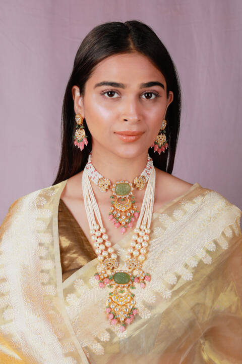 Green Pendant white pearl long necklace with choker set with pastel pink beads