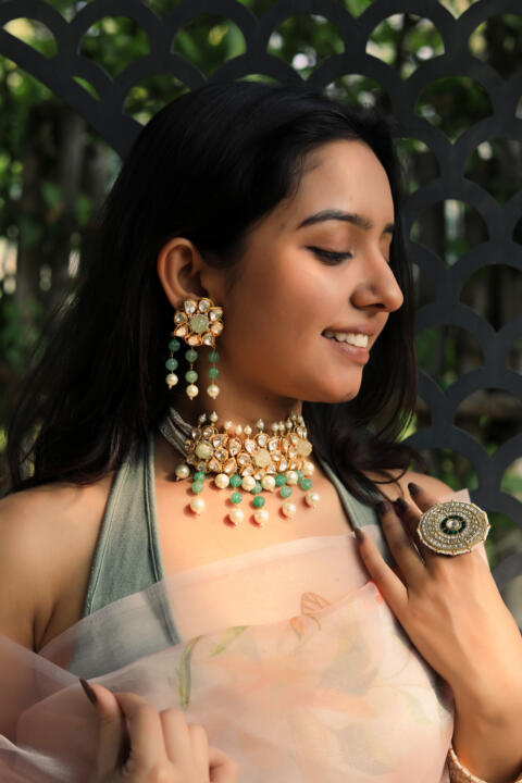 Unique Indian Bridal Wear Sea Green Choker Set With White Pearl