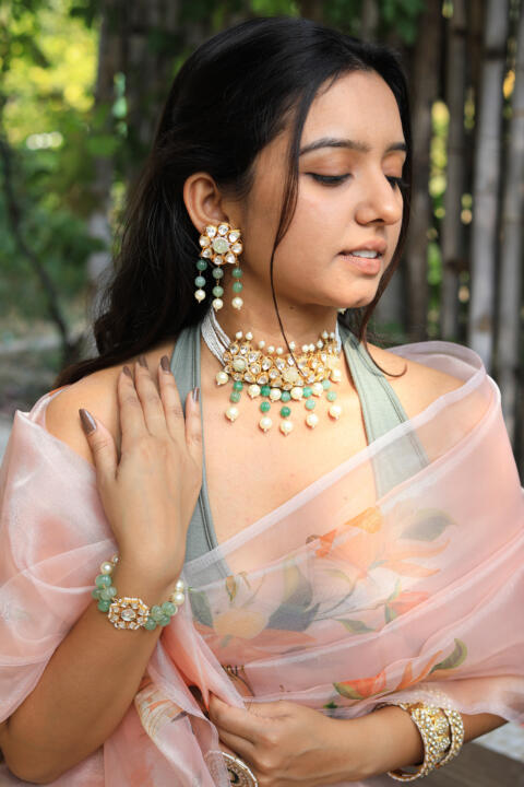 Unique Indian Bridal Wear Sea Green Choker Set With White Pearl