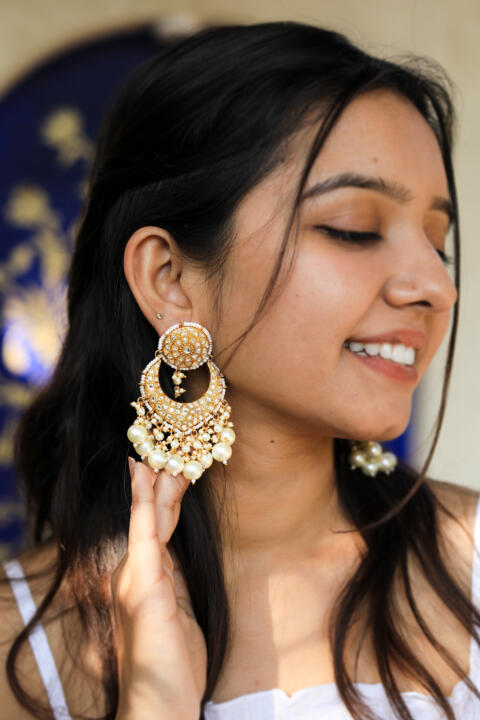 Indian Handcrafterd Jadtar Earrings With White Pearl