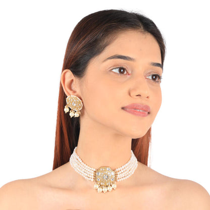 22 Kt Gold Plated White Pearl Handcrafted Choker Necklace Set