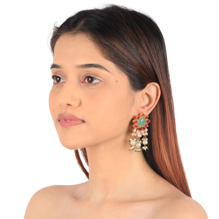 22Kt Gold Plated Pink -Sea Green Pendant Carved Melons With Sea Green Emerald Beads With White Pearl Long Necklce With Earrings