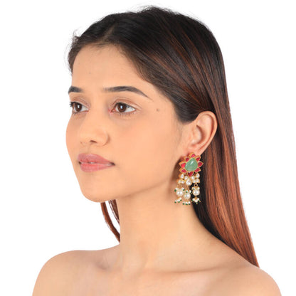 22Kt Gold Plated Pink -Sea Green Pendant Carved Melons With Sea Green Emerald Beads With White Pearl Long Necklce With Earrings