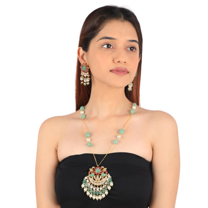 22Kt Gold Plated Pink -Sea Green Pendant Carved Melons With Sea Green Emerald Beads With White Pearl Long Necklce With Earrings