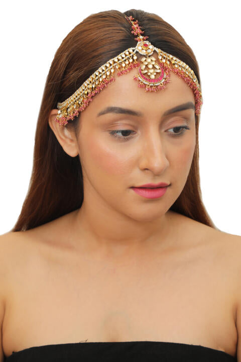 Pastel Pink And White Jadtar Stones Mathapatti