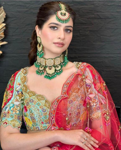White Jadtar Stone Necklace Set With Green Moti Work And Sea Green Beads