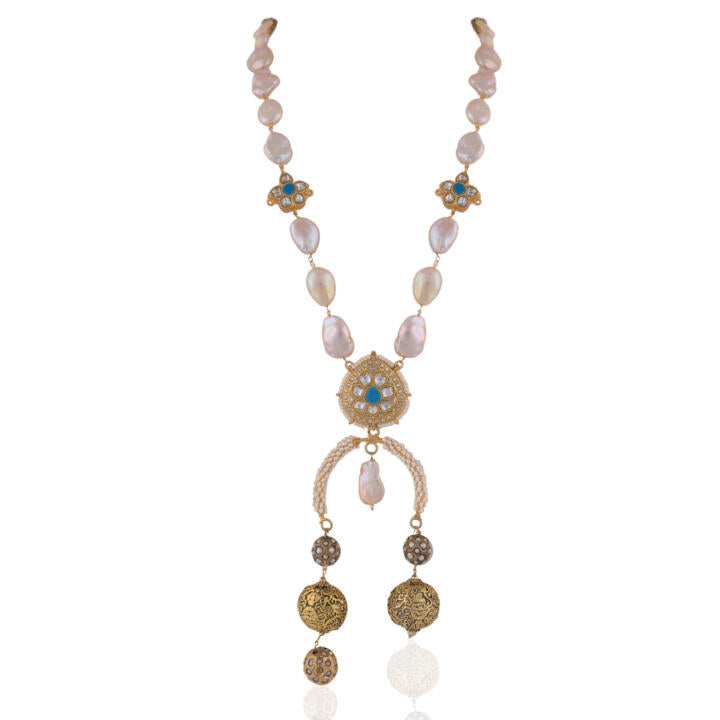 Baroque Pearl & Nepalese Beads Firozi White Jadtar Stone Long Necklace With Studs