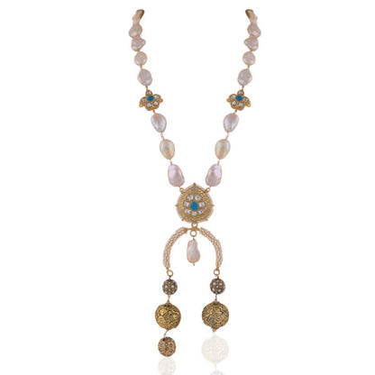 Baroque Pearl & Nepalese Beads Firozi White Jadtar Stone Long Necklace With Studs
