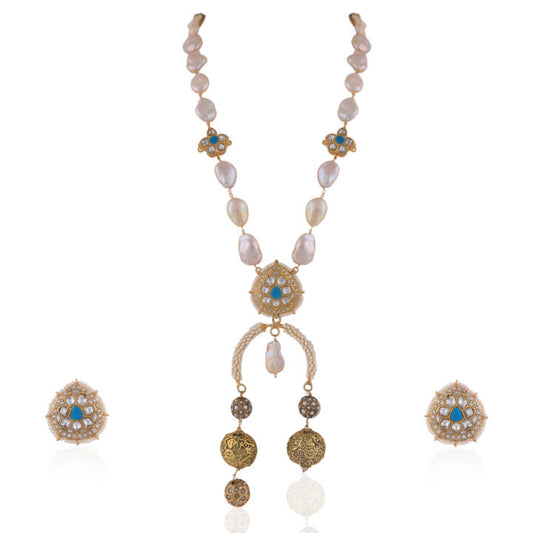 Baroque Pearl & Nepalese Beads Firozi White Jadtar Stone Long Necklace With Studs