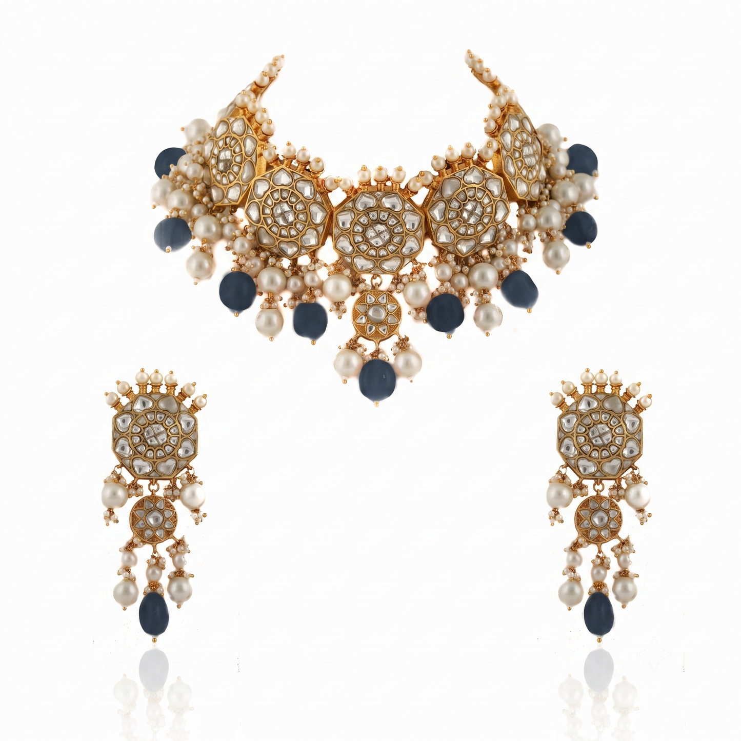 White Jadtar Stone Necklace Set Light Pink Beads With Peral