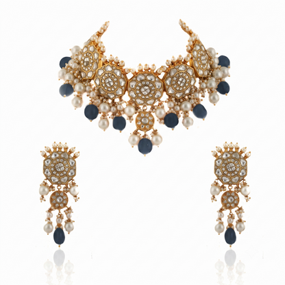 White Jadtar Stone Necklace Set Light Pink Beads With Peral
