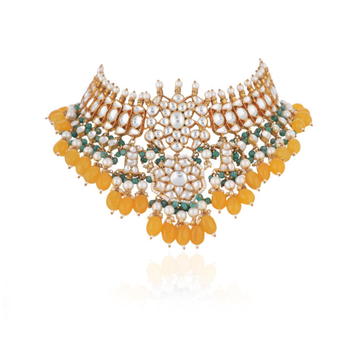 Yellow Beads With Sea Green Hangings White Jadtar Necklace Set /Mehendi Wear/Sangeet Wear Jewellery