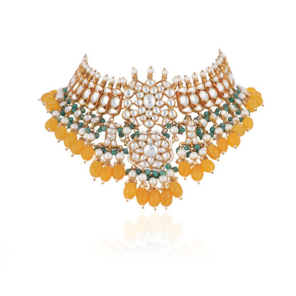 Yellow Beads With Sea Green Hangings White Jadtar Necklace Set /Mehendi Wear/Sangeet Wear Jewellery