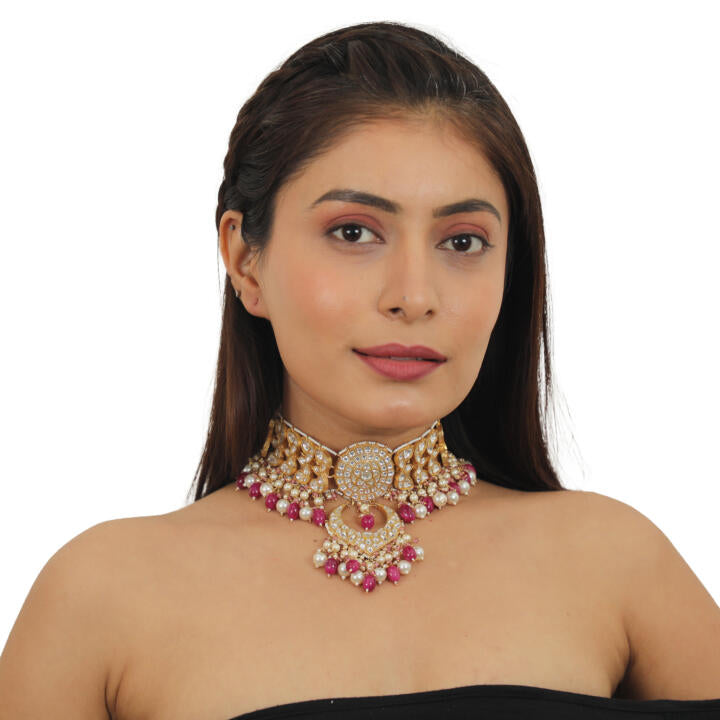 White  Work With Jadtar Stone Pink Beads Necklace Set