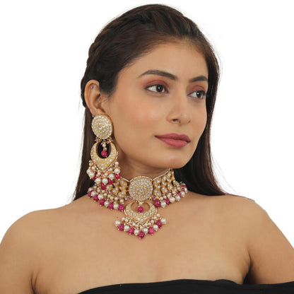 White  Work With Jadtar Stone Pink Beads Necklace Set