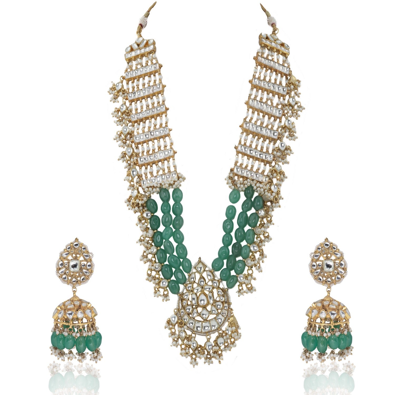 long pendant necklace with sea green beads