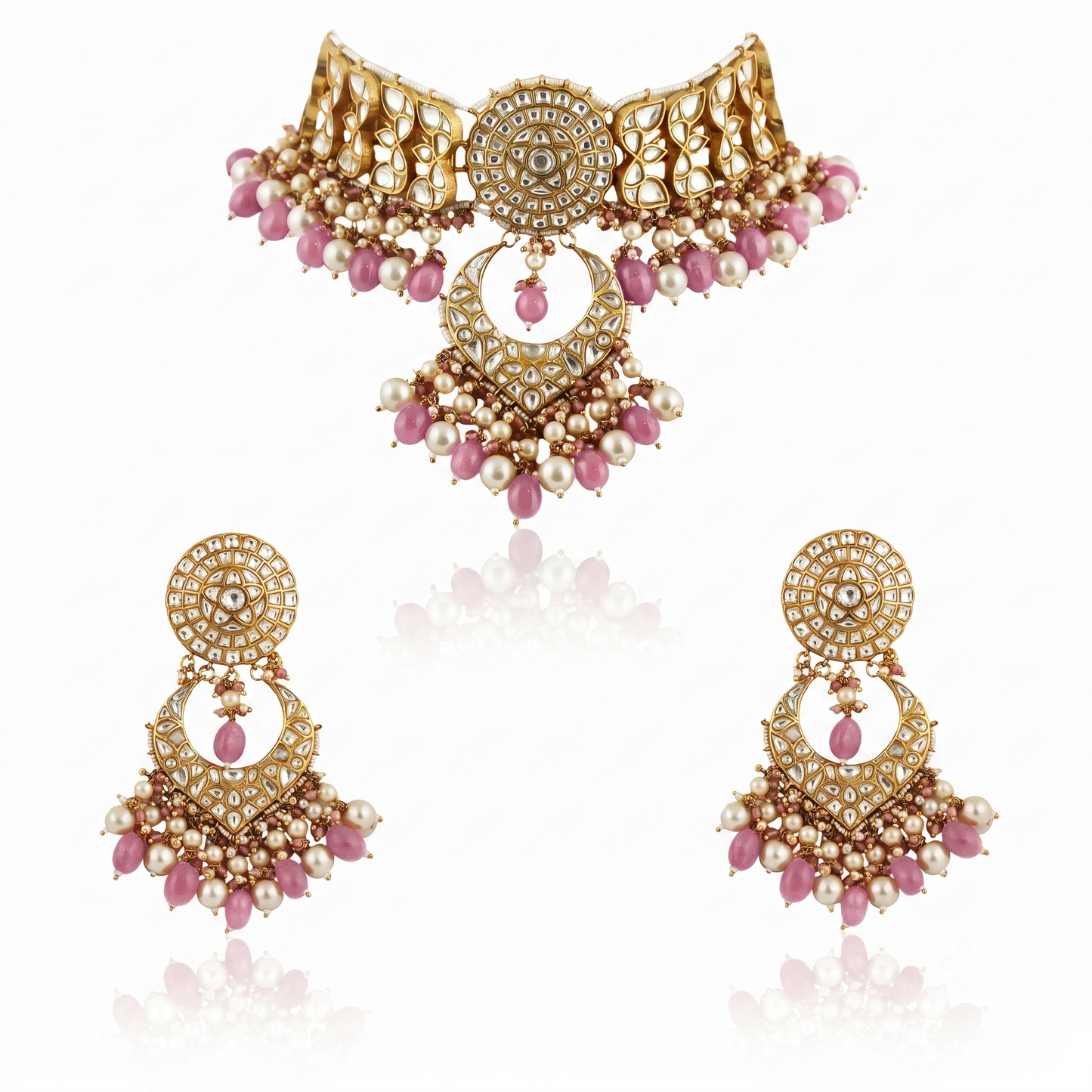 White  Work With Jadtar Stone Pink Beads Necklace Set