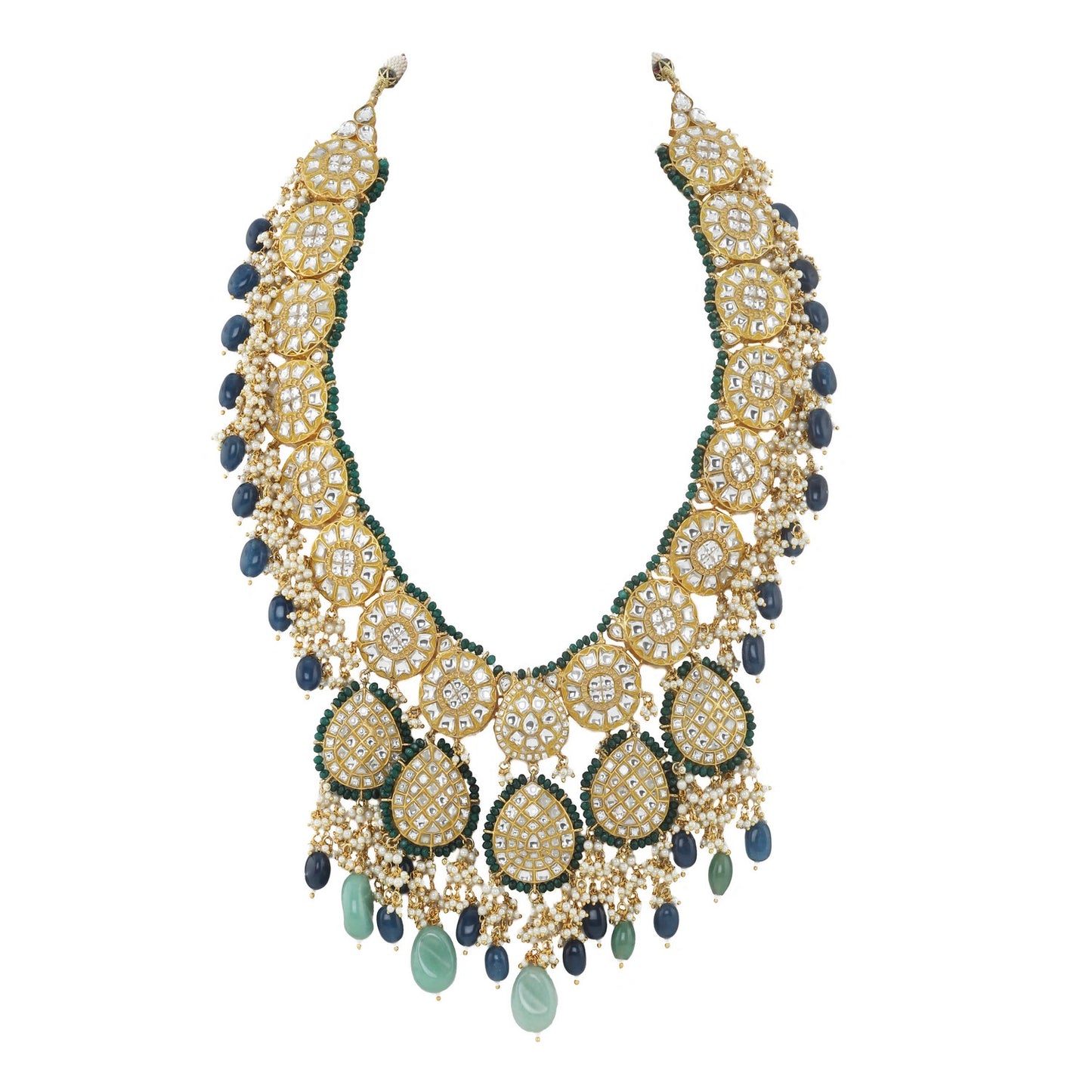 LONG NECKLACE SET IN BLUE AND GREEN BEADS LOADED WITH BUNCH OF PEARLS