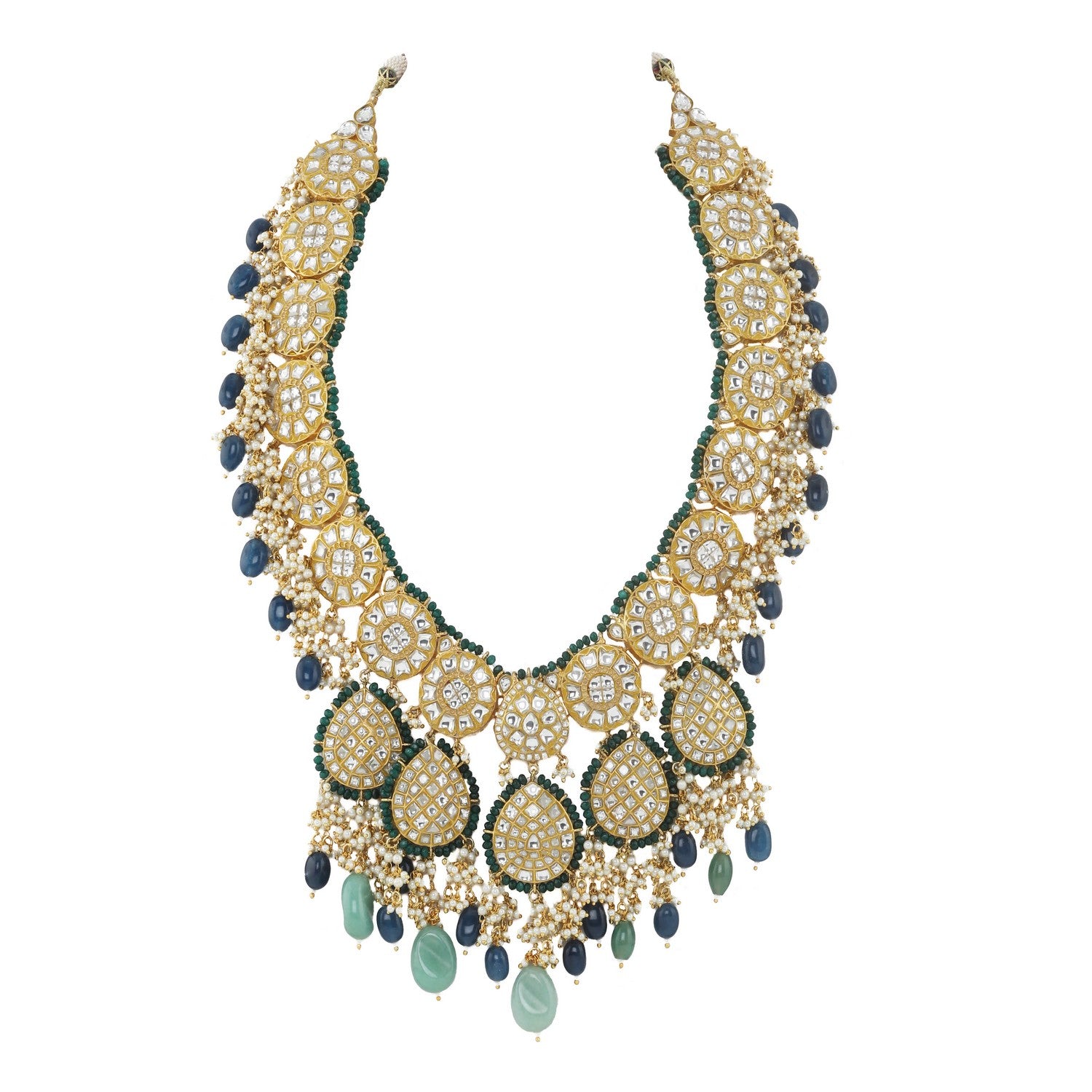 LONG NECKLACE SET IN BLUE AND GREEN BEADS LOADED WITH BUNCH OF PEARLS