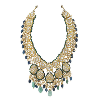 LONG NECKLACE SET IN BLUE AND GREEN BEADS LOADED WITH BUNCH OF PEARLS