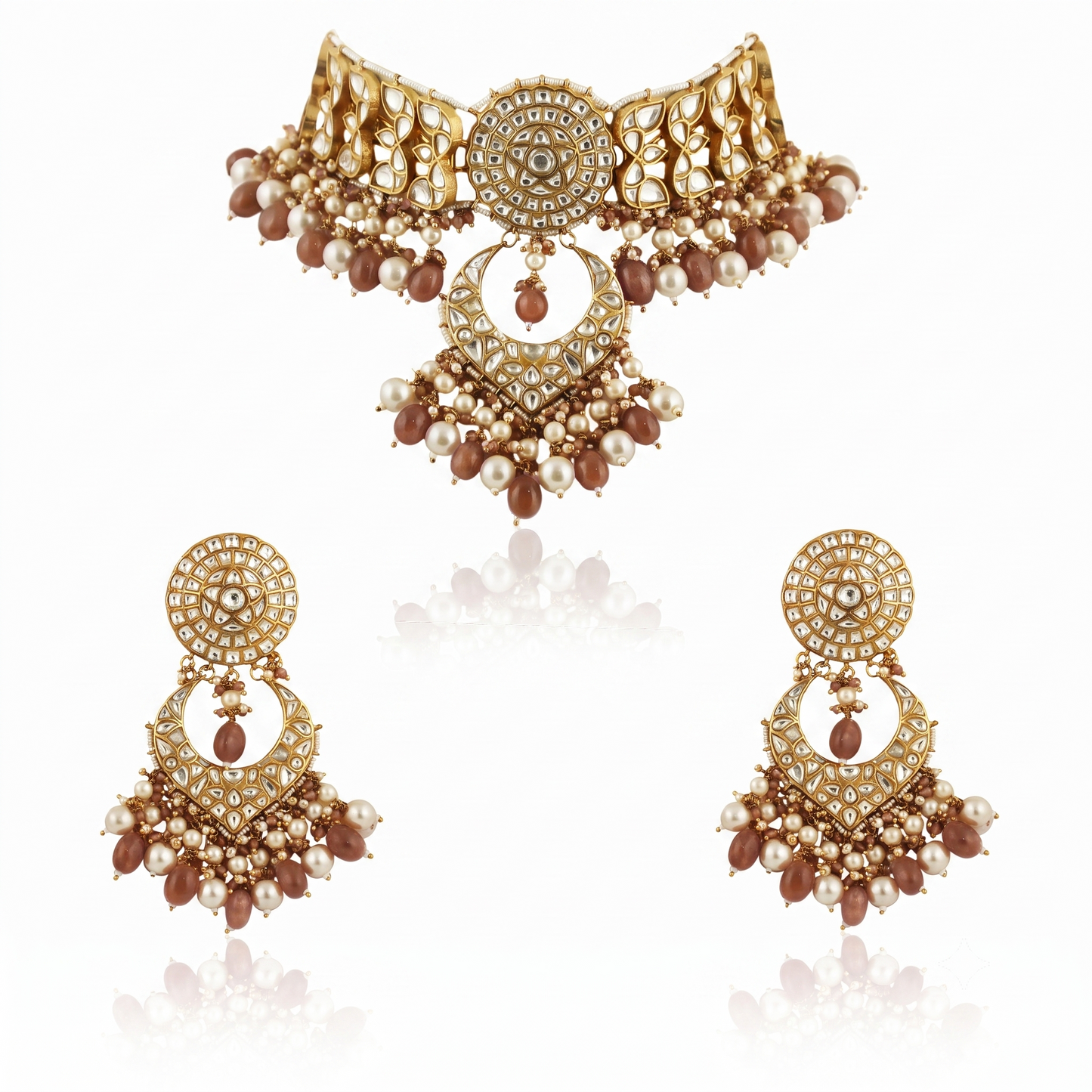 White  Work With Jadtar Stone Pink Beads Necklace Set