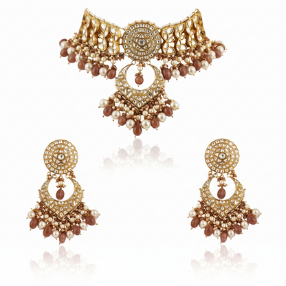 White  Work With Jadtar Stone Pink Beads Necklace Set