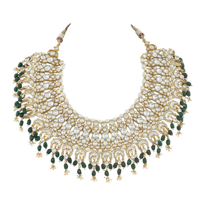 GOLD PLATED GREEN COLOR HEAVY BRIDAL NECKLACE SET
