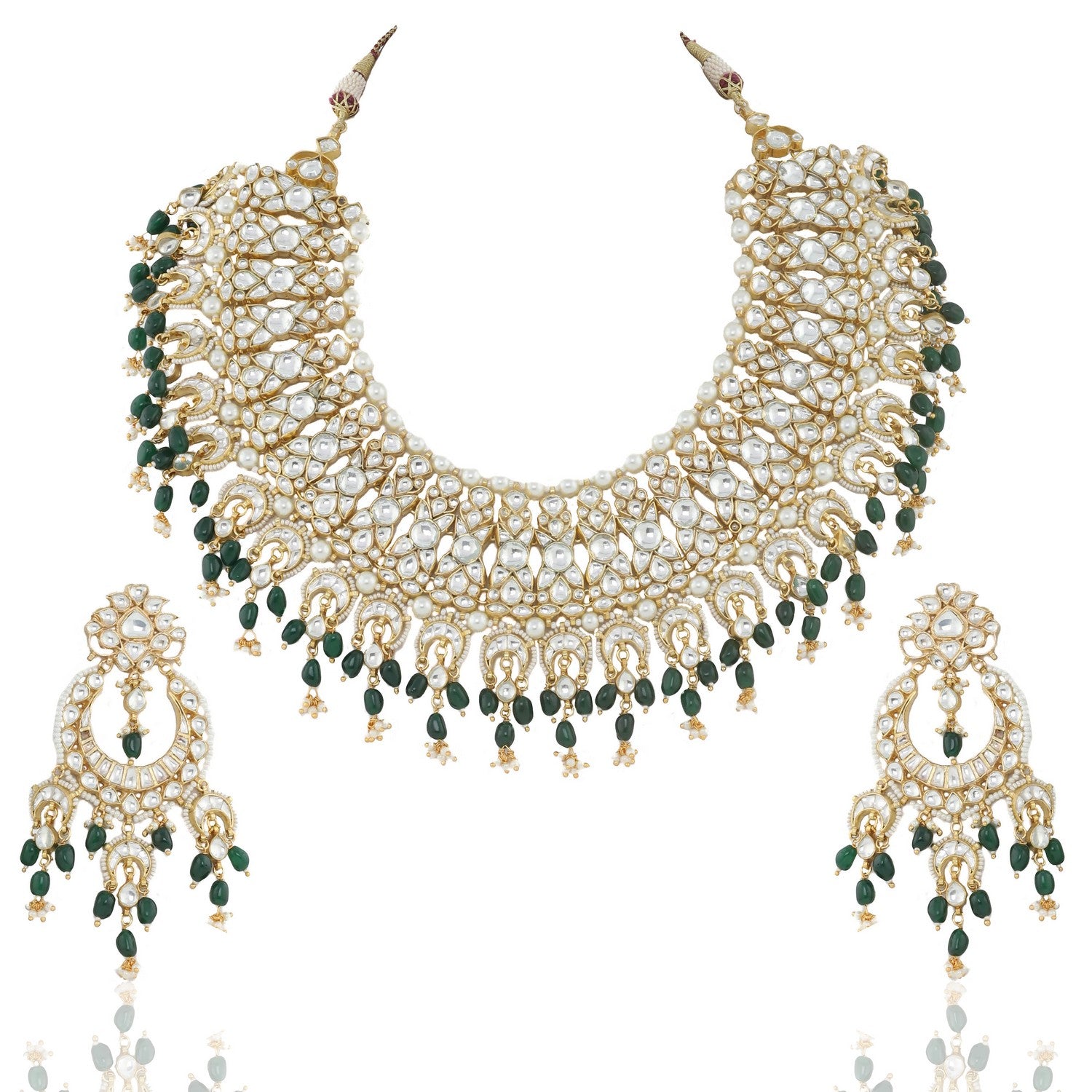 GOLD PLATED GREEN COLOR HEAVY BRIDAL NECKLACE SET