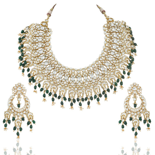 GOLD PLATED GREEN COLOR HEAVY BRIDAL NECKLACE SET