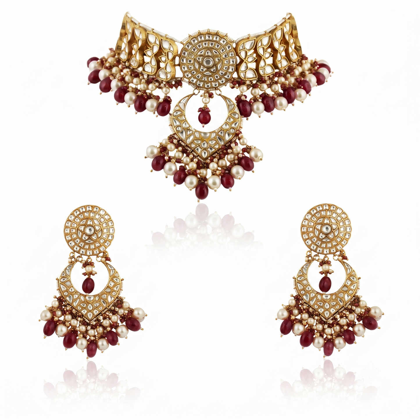White  Work With Jadtar Stone Pink Beads Necklace Set