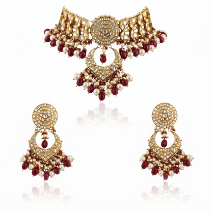 White  Work With Jadtar Stone Pink Beads Necklace Set