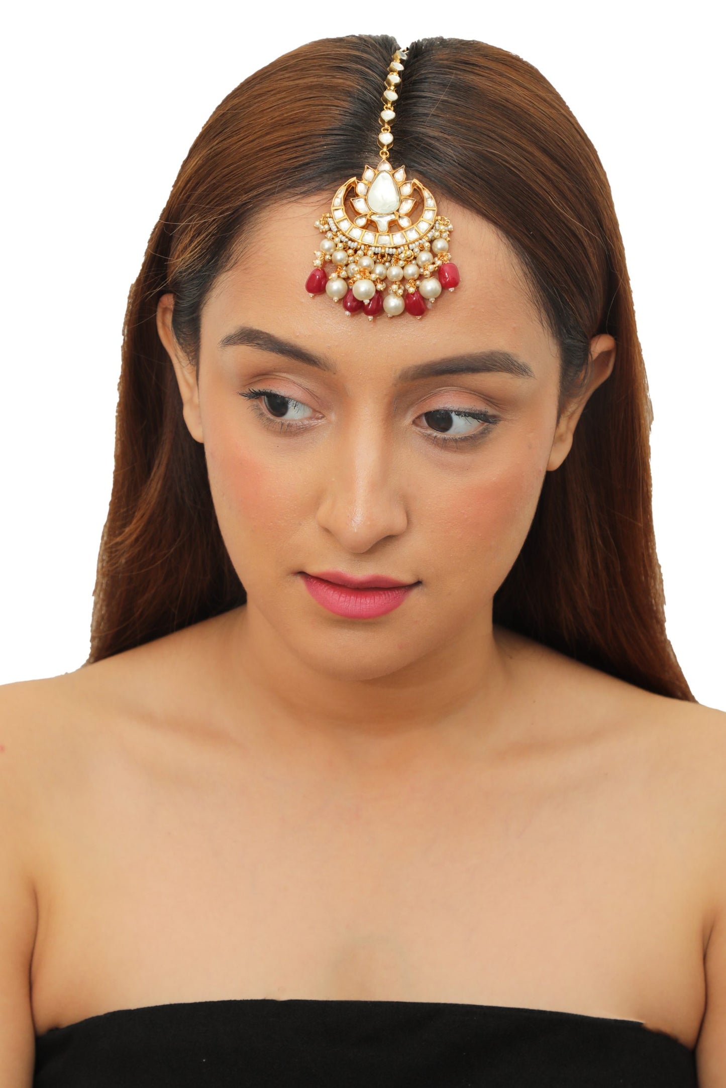  WHITE JADTAR STONE MAANGTIKA BEADED WITH PEARLS AND RUBY BEADS