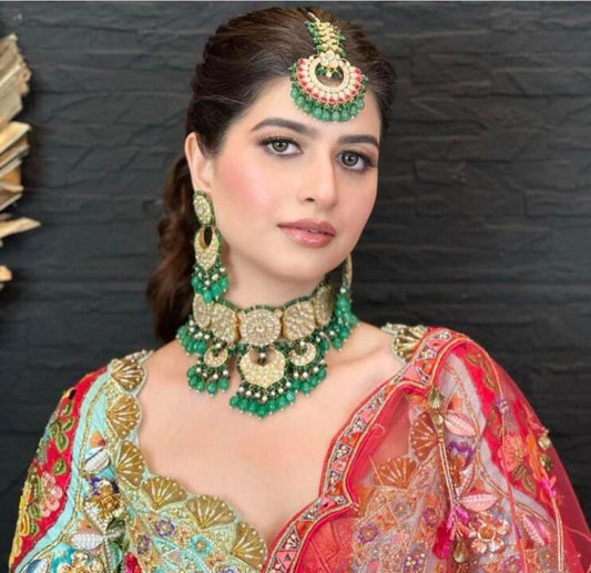 White Jadtar Stone Necklace Set With Green Moti Work And Sea Green Beads