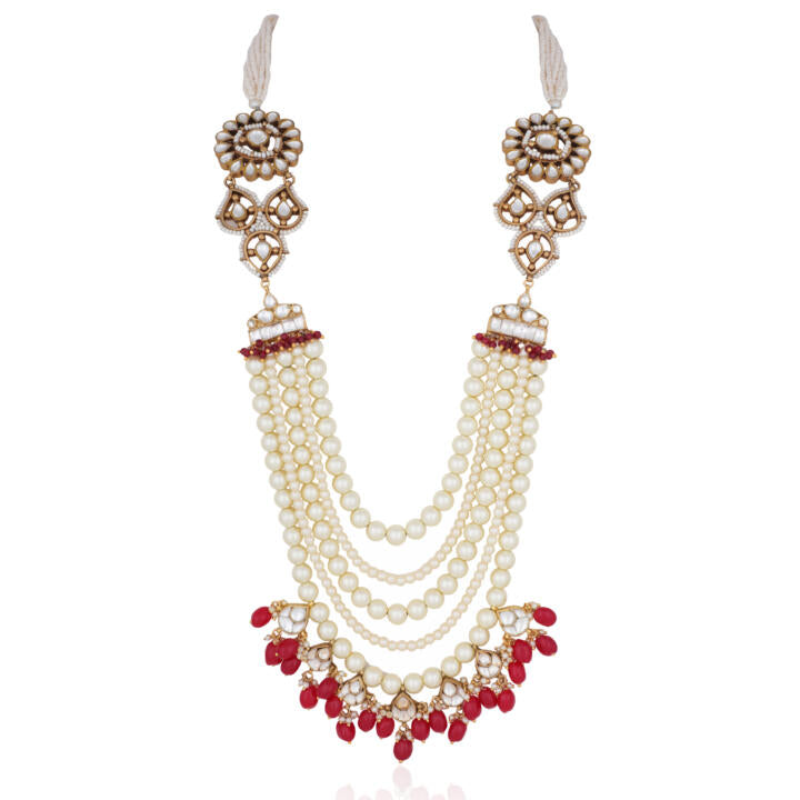 Red Beads With Floral White Pearl Wedding Wear Maala