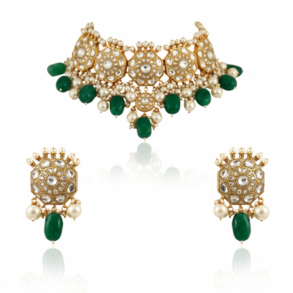 Traditional 22Kt Choker Neckace Set Studded With White Jadtar Stones And Sea Green Beads With Pearls