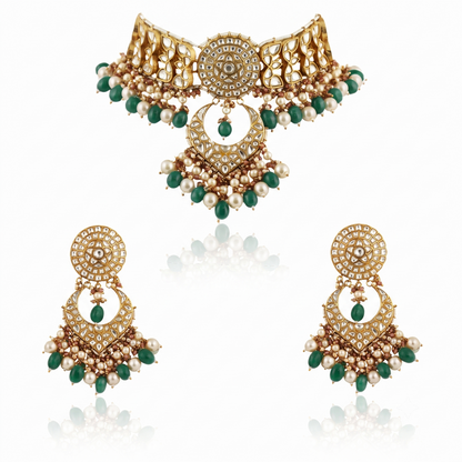 White  Work With Jadtar Stone Pink Beads Necklace Set
