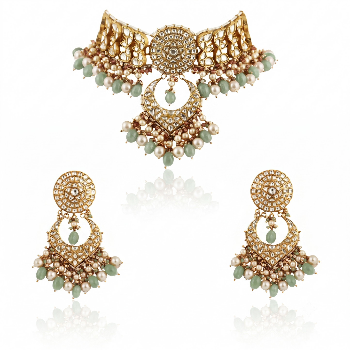 White  Work With Jadtar Stone Pink Beads Necklace Set