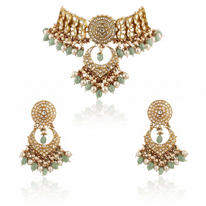 White  Work With Jadtar Stone Pink Beads Necklace Set
