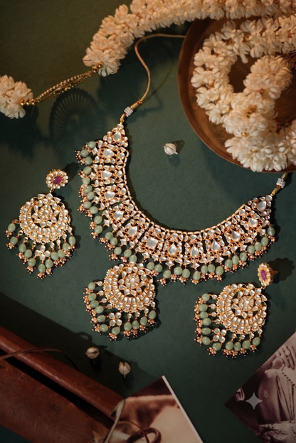 Gold plated pink beaded necklace set