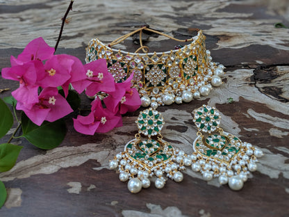 Gold Plated GREEN AND WHITE NECKLACE SET