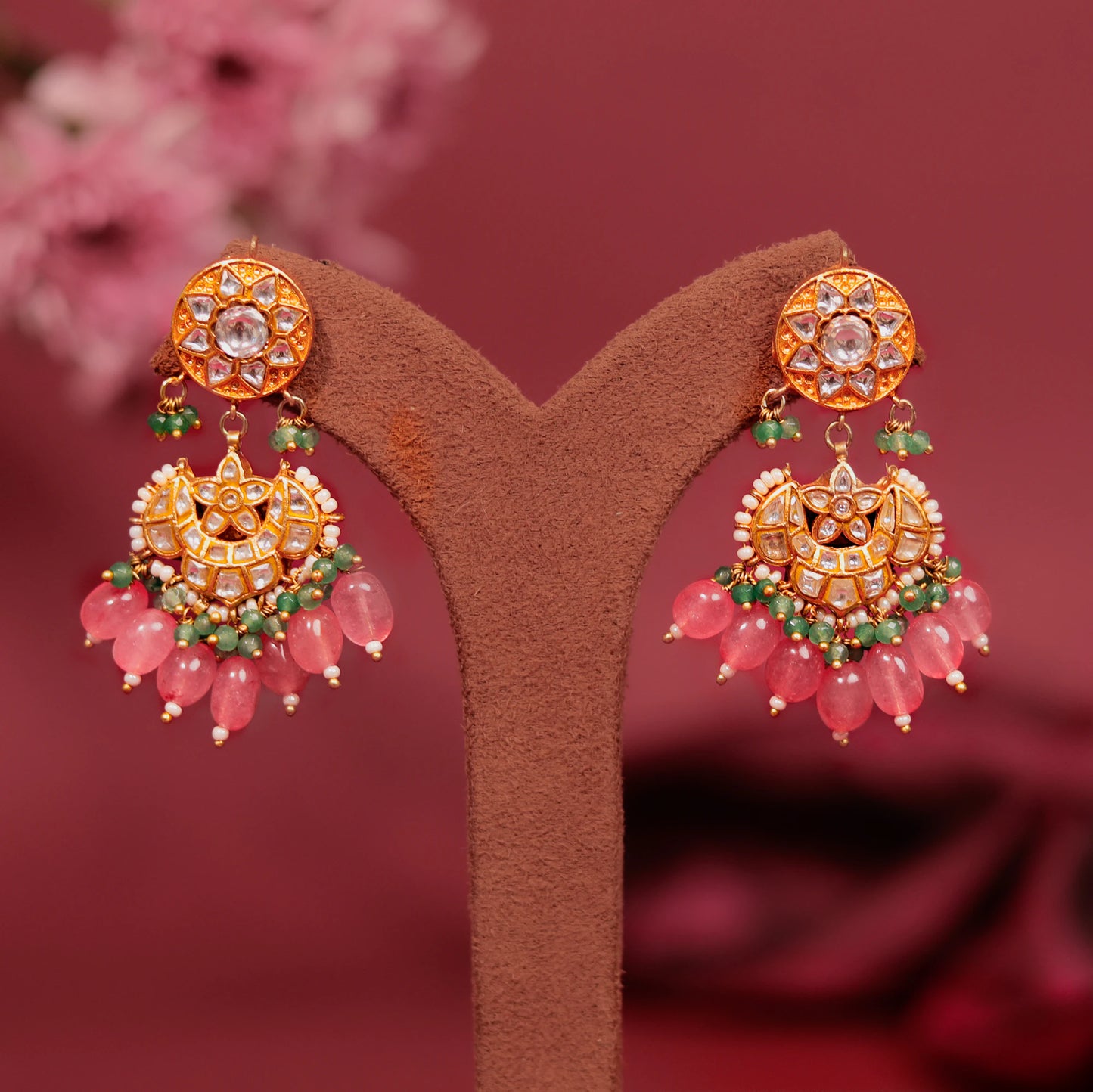 Light pink beads white jadtar small earrings