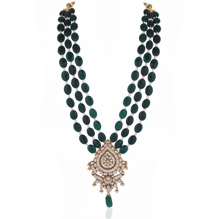 Green Three Layered With White Pendant Maala With Drop