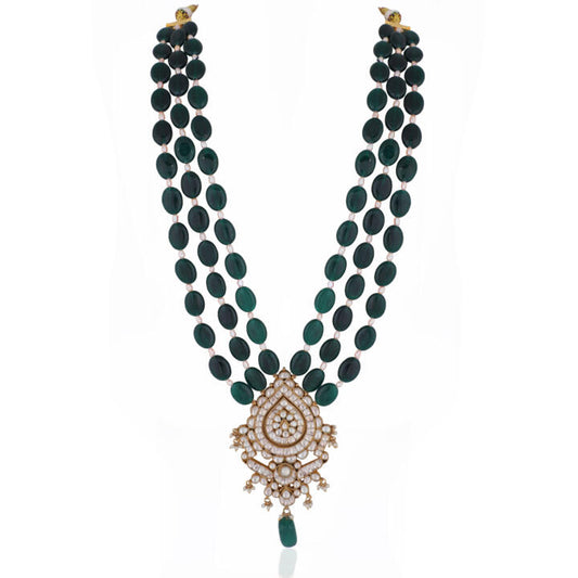 Green Three Layered With White Pendant Maala With Drop